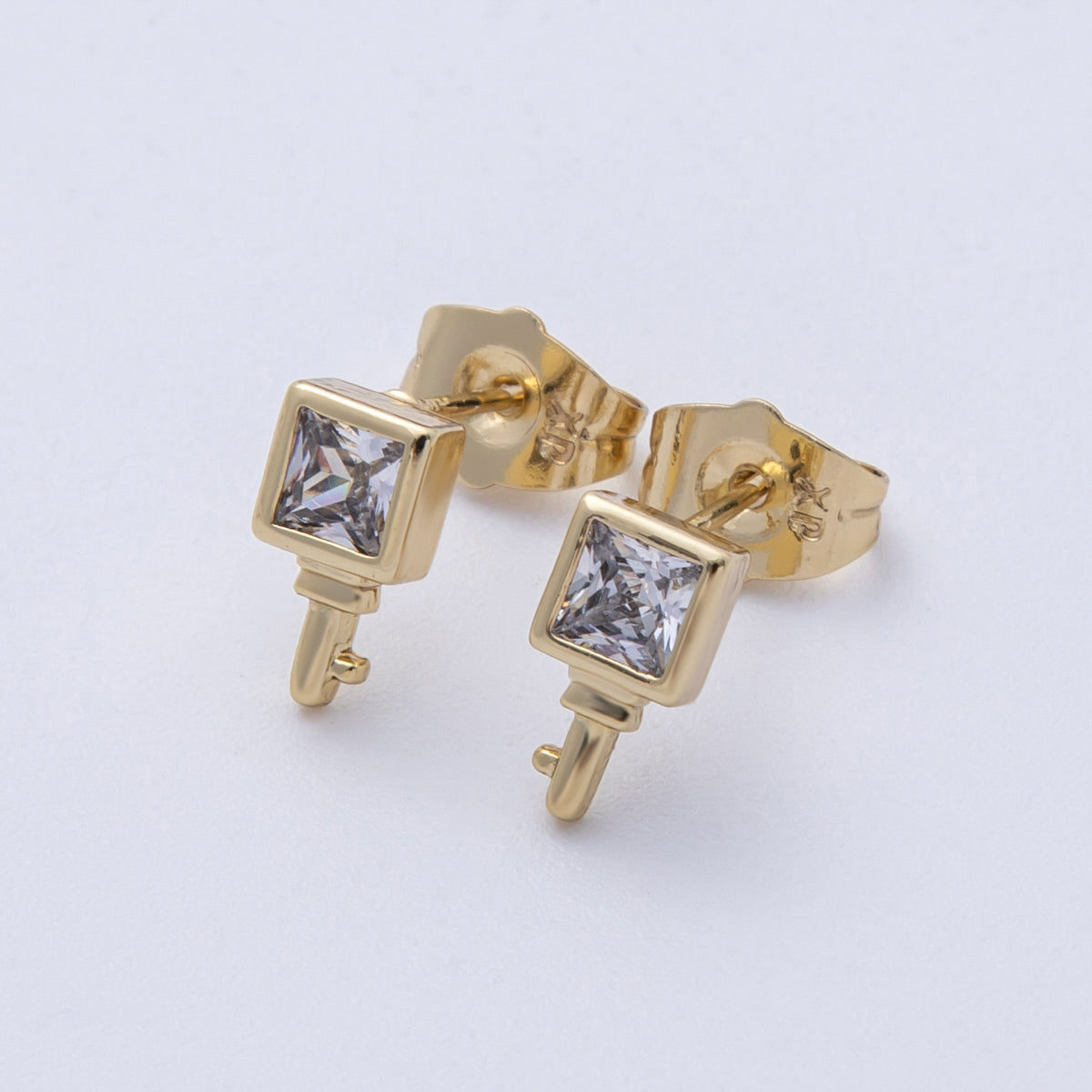 14K Gold Filled 15mm Clear CZ Baguette Square Key Stud Earrings | Earrings-020029