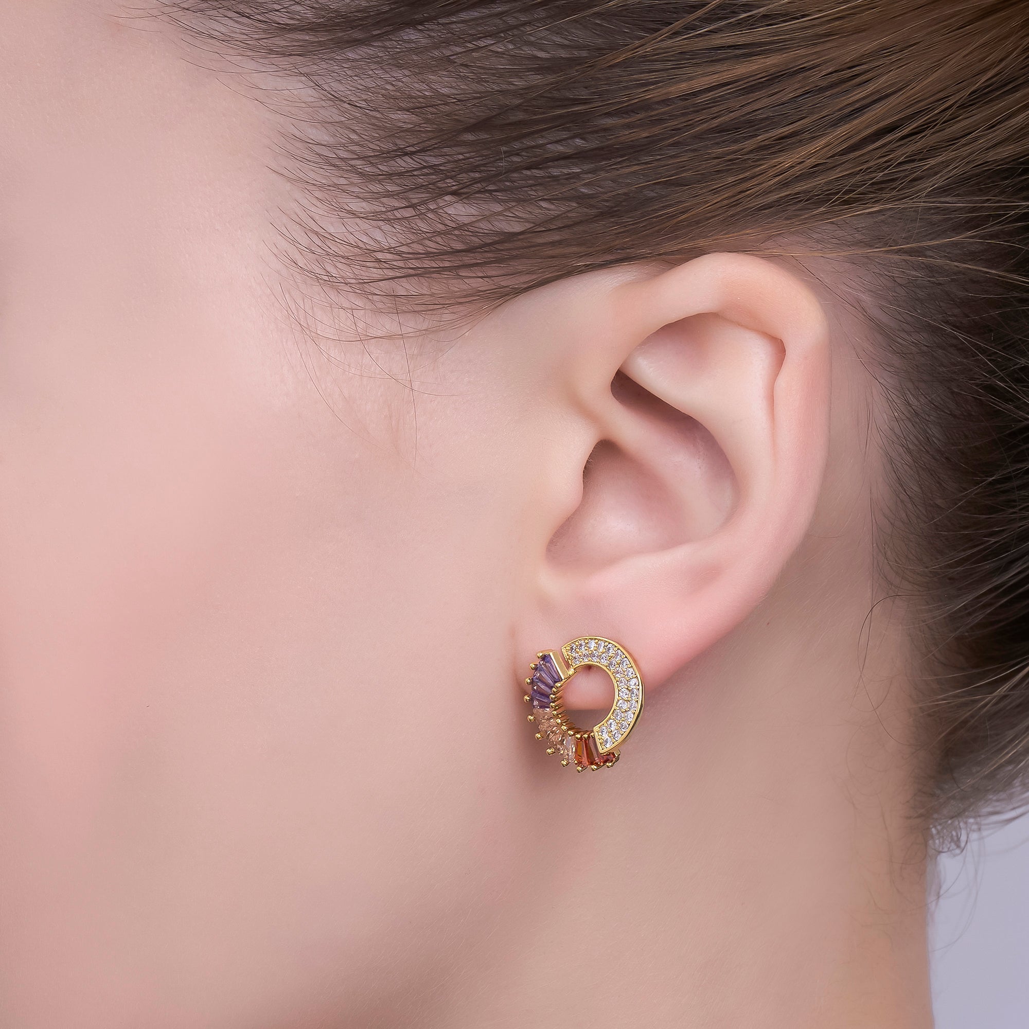 24K Gold Filled 16mm Multicolor Baguette Micro Paved CZ Circle Round Stud Earrings | AI479