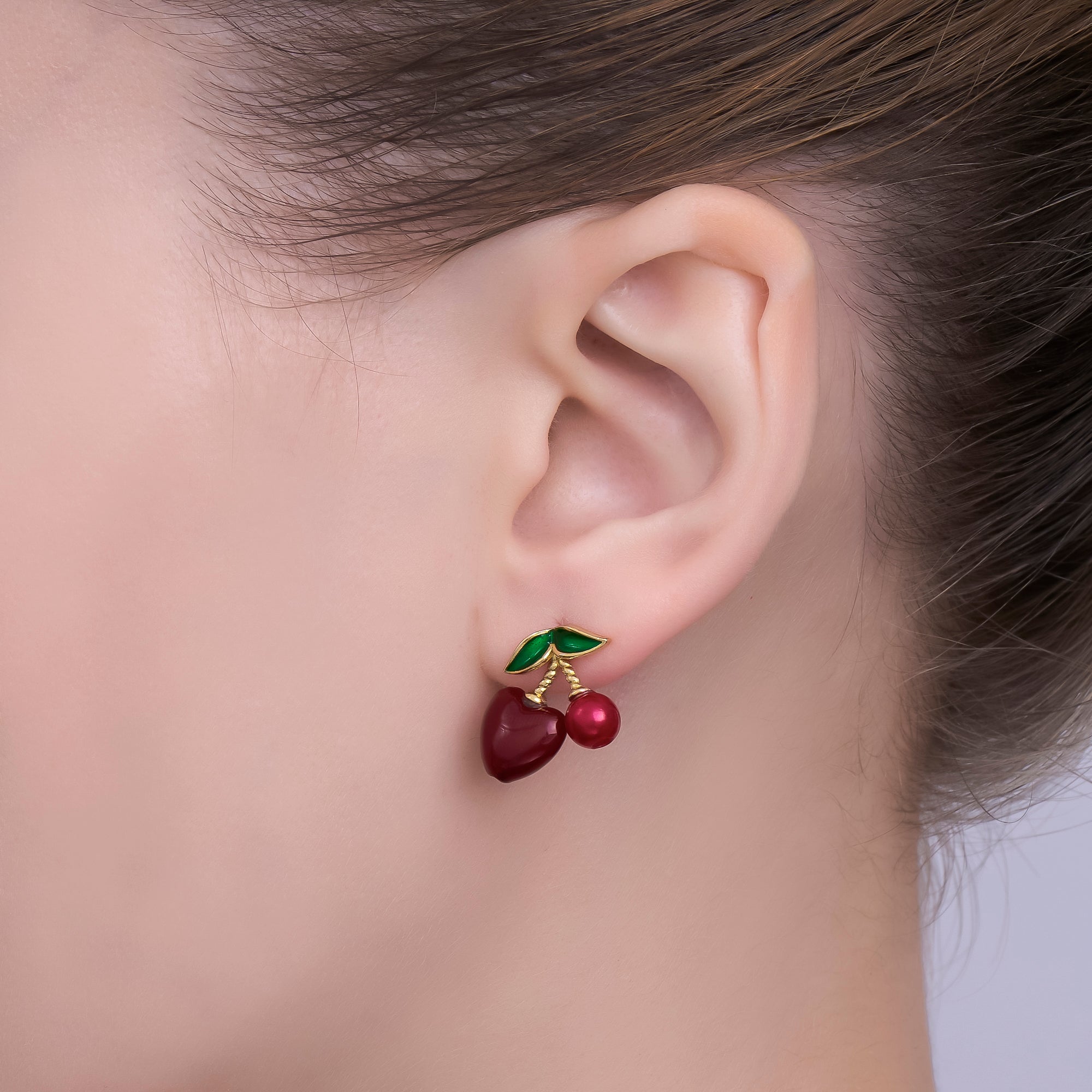 24K Gold Filled Green Enamel Red Heart Cherry Bomb Fruit Drop Stud Earrings | AI-467