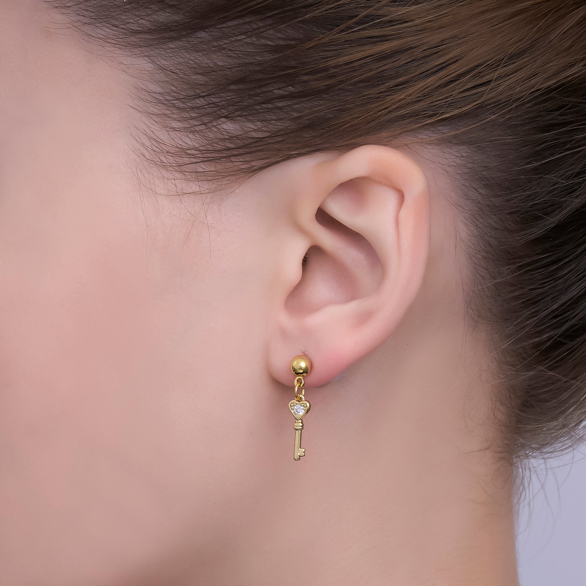24K Gold Filled Round CZ Key to the Heart Drop Stud Earrings | AI468