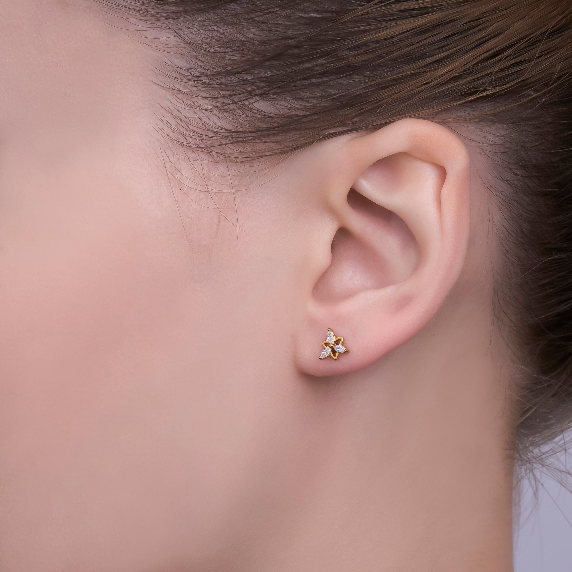 Gold Stainless Steel Marquise CZ Blooming Petals Floral Stud Earrings | AB1586