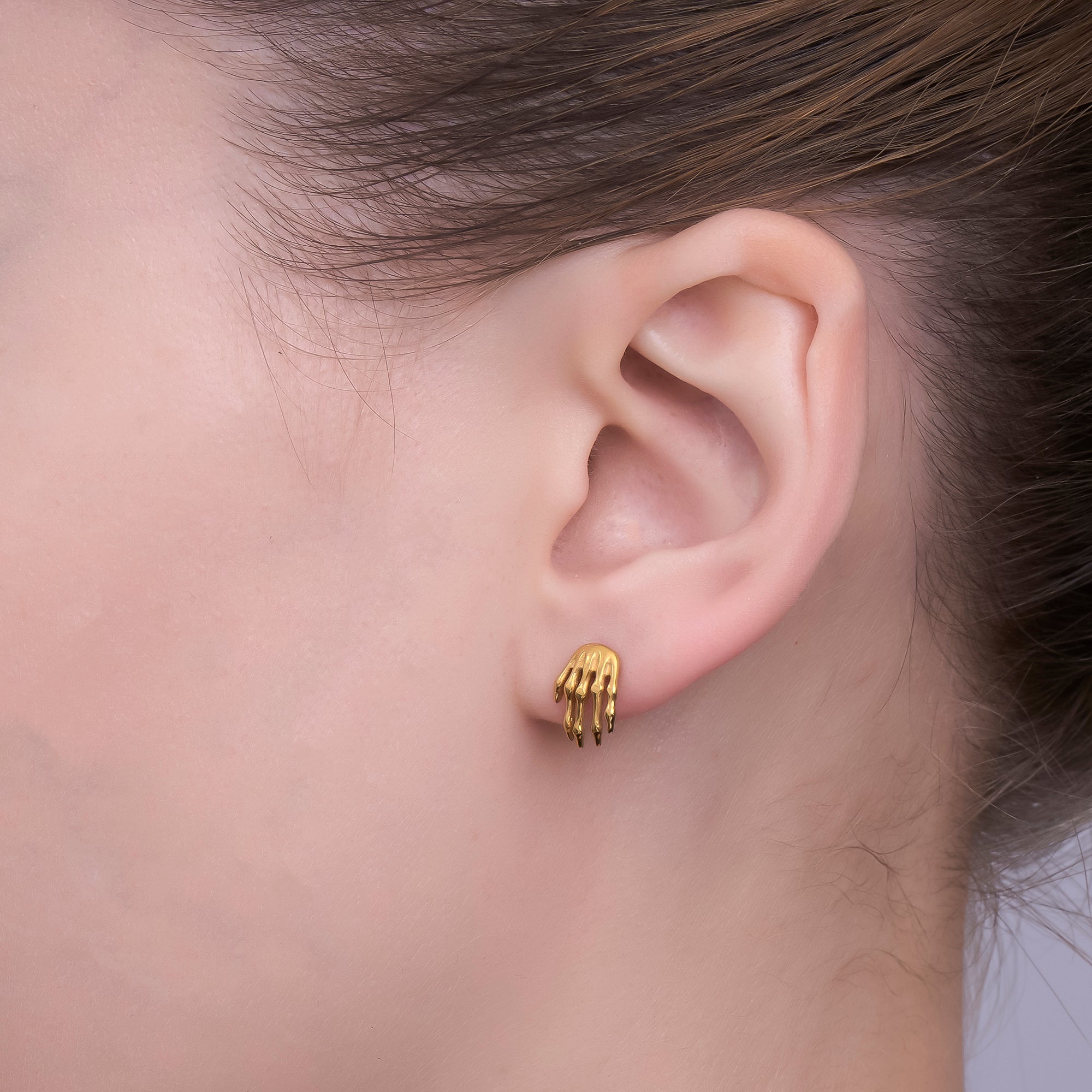 Gold Stainless Steel Skeleton Witch's Hands Stud Earrings | AB1584