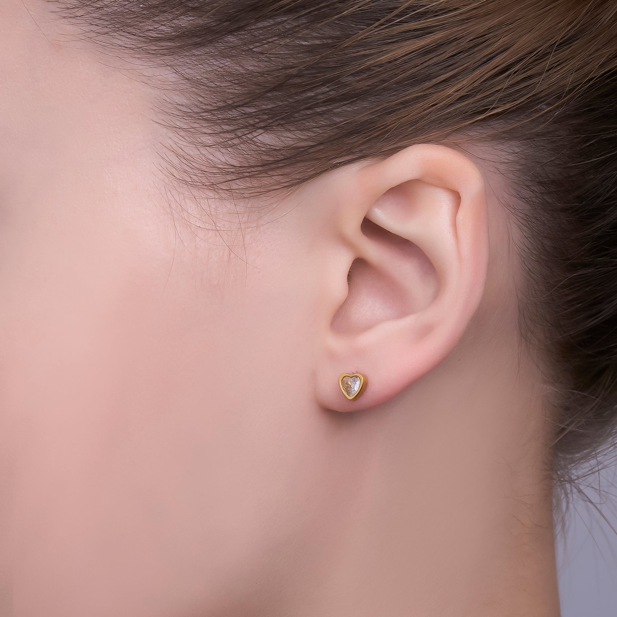 Gold Stainless Steel Heart-Shaped CZ Lovely Framed Stud Earrings | AB1585