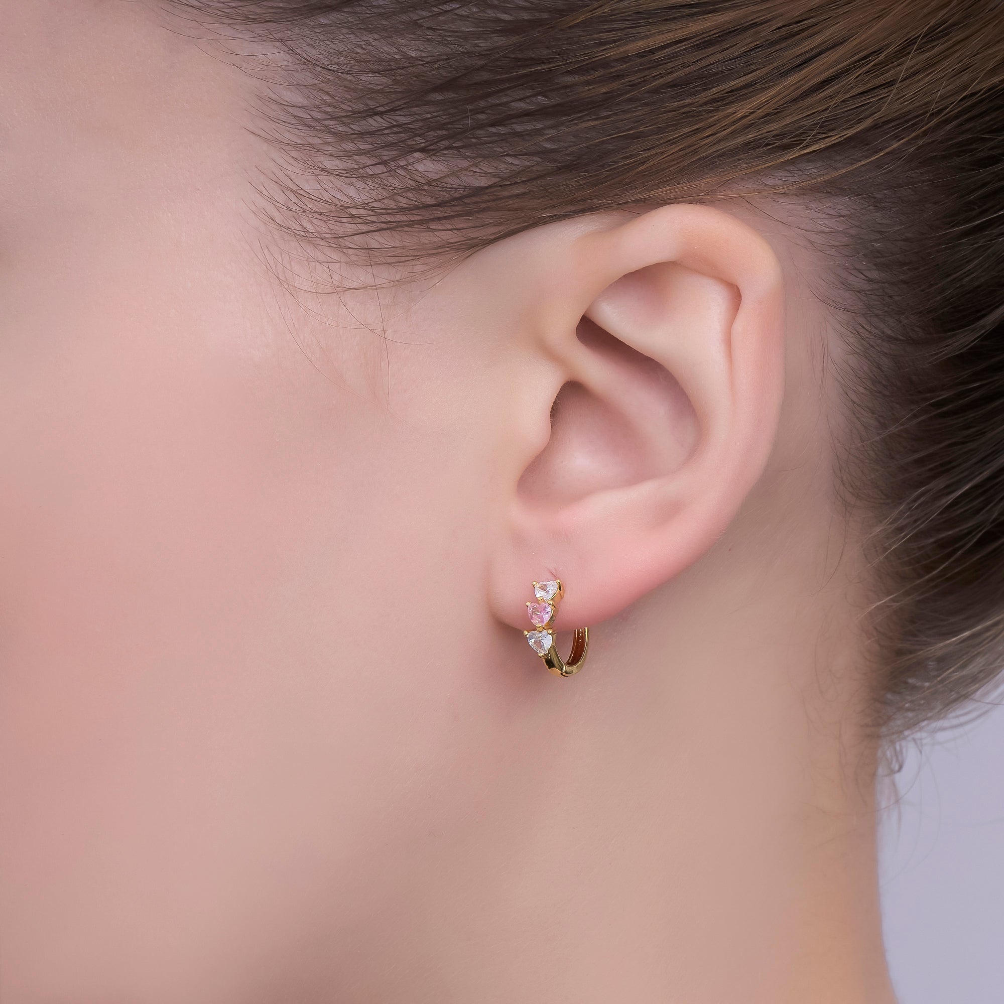24K Gold Filled 11.5mm Clear Pink CZ Heart Cartilage Huggie Earrings | T294