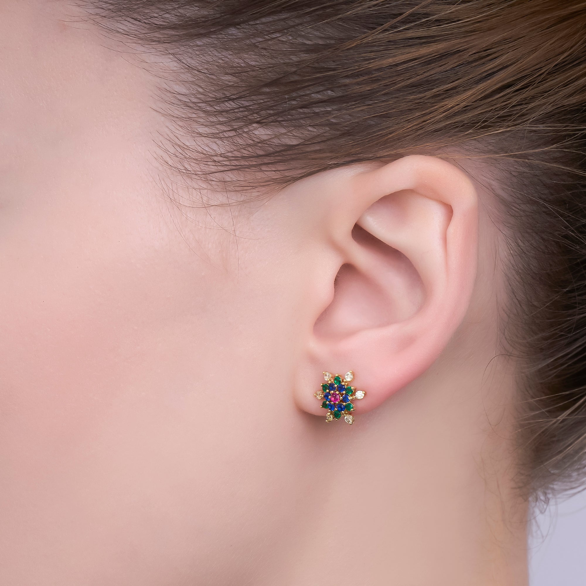 24K Gold Filled Multicolor CZ Dome Star Stud Earrings in Gold & Silver | AI521 AI522