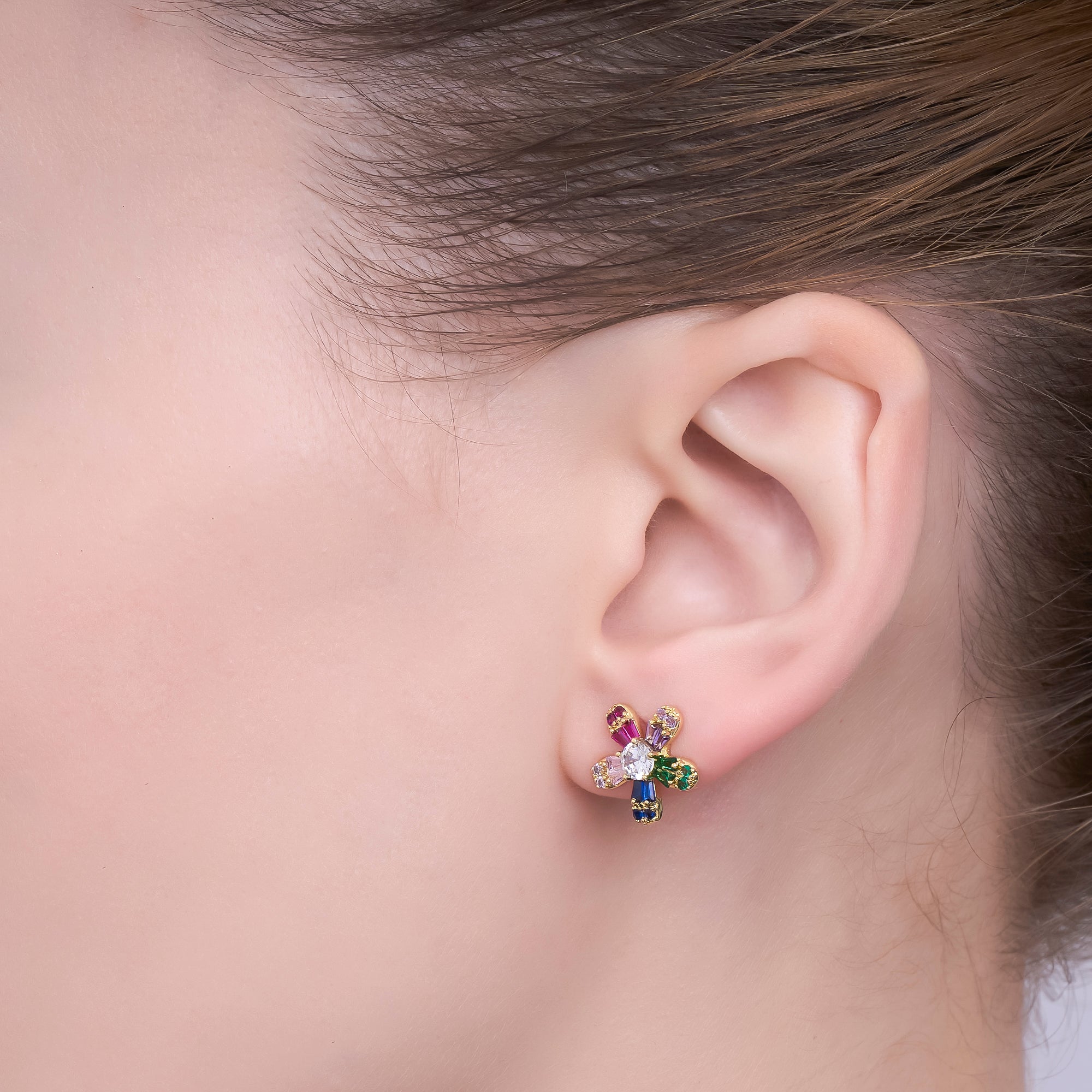 24K Gold Filled Multicolor CZ Flower Stud Earrings in Gold & Silver | AI519 AI520