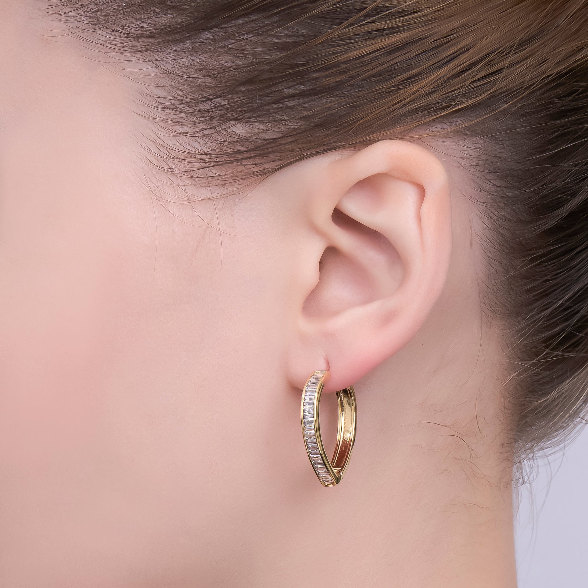 24K Gold Filled 25mm Clear CZ Baguette Navette Triangle Hoop Earrings | T155