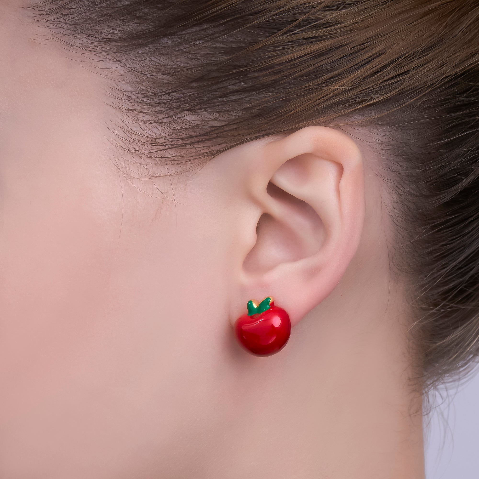 24K Gold Filled 15.5mm Red Enamel Apple Fruit Stud Earrings | AI423
