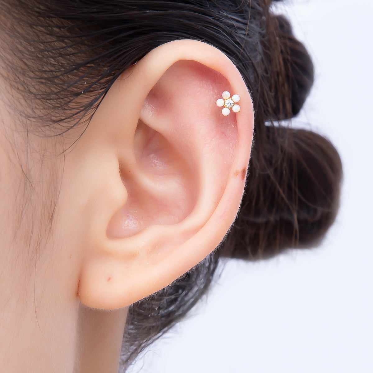 Titanium 5.5mm White Opal Clear CZ Flower Cartilage Piercing Flat Back Stud in Gold & Silver | Findings-00363 Findings-00364