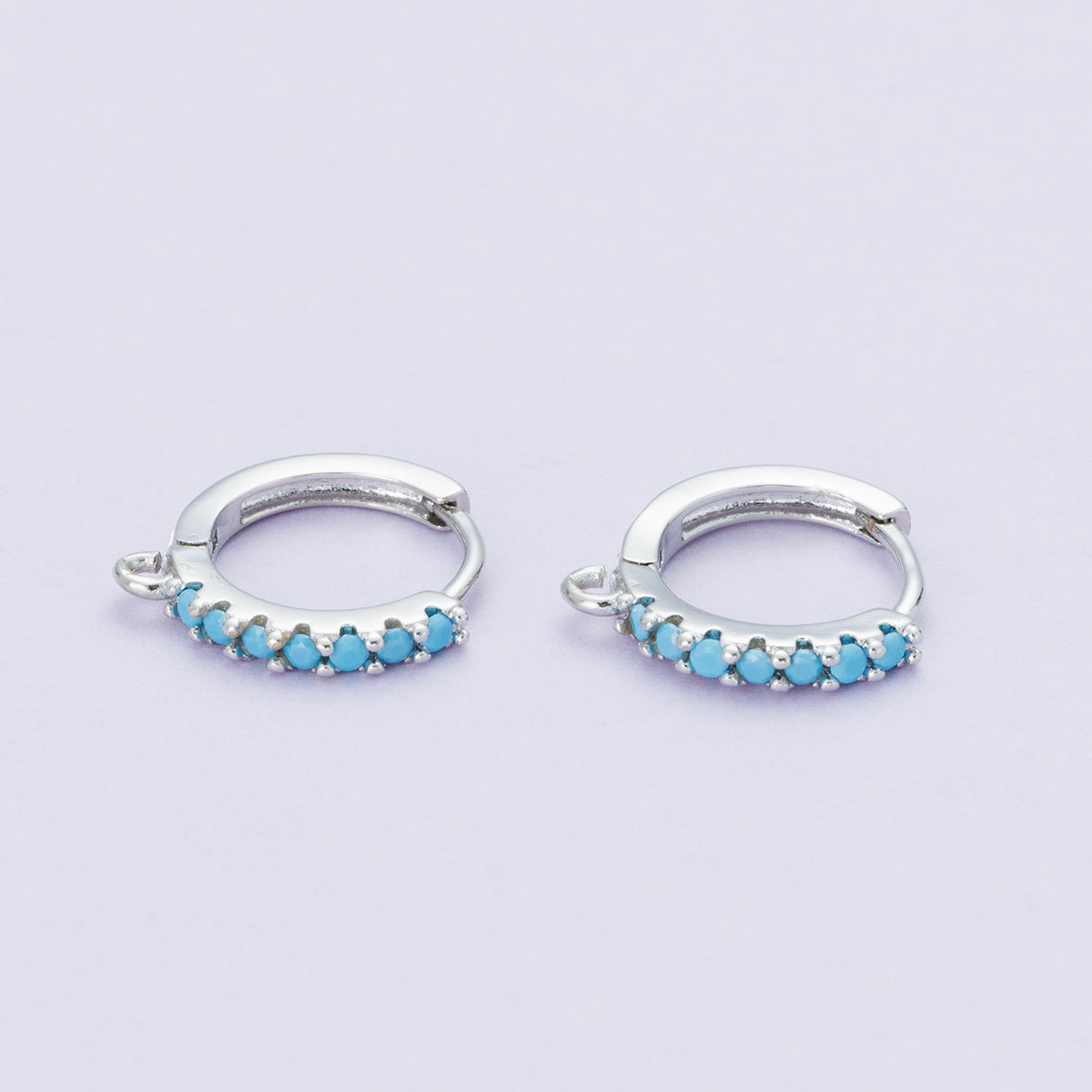 Rhodium Plated 16mm Pink, Turquoise Micro Paved CZ Open Loop Drop Huggie Earrings | Findings-00085 Findings-00086
