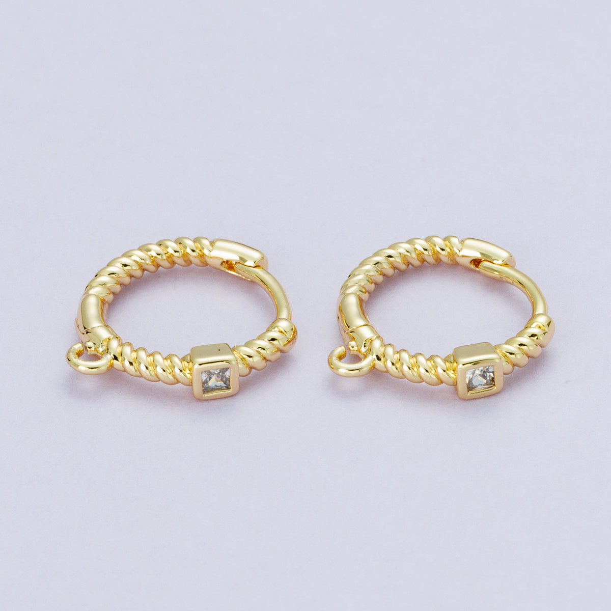 18K Gold Filled 15mm Clear Square CZ Ribbed Croissant Open Loop Drop Huggie Earrings in Gold & Silver | Findings-00113 Findings-00114