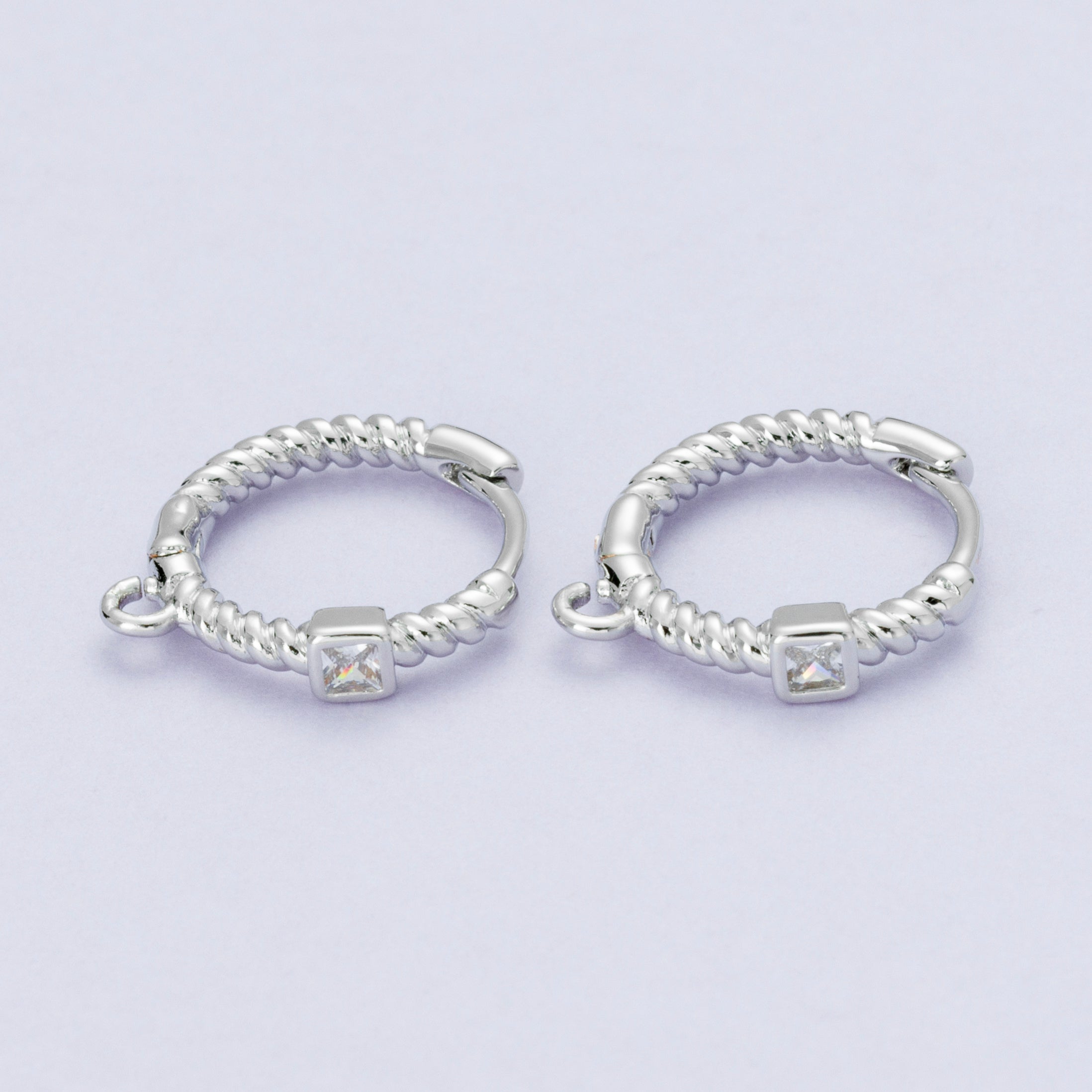 18K Gold Filled 15mm Clear Square CZ Ribbed Croissant Open Loop Drop Huggie Earrings in Gold & Silver | Findings-00113 Findings-00114