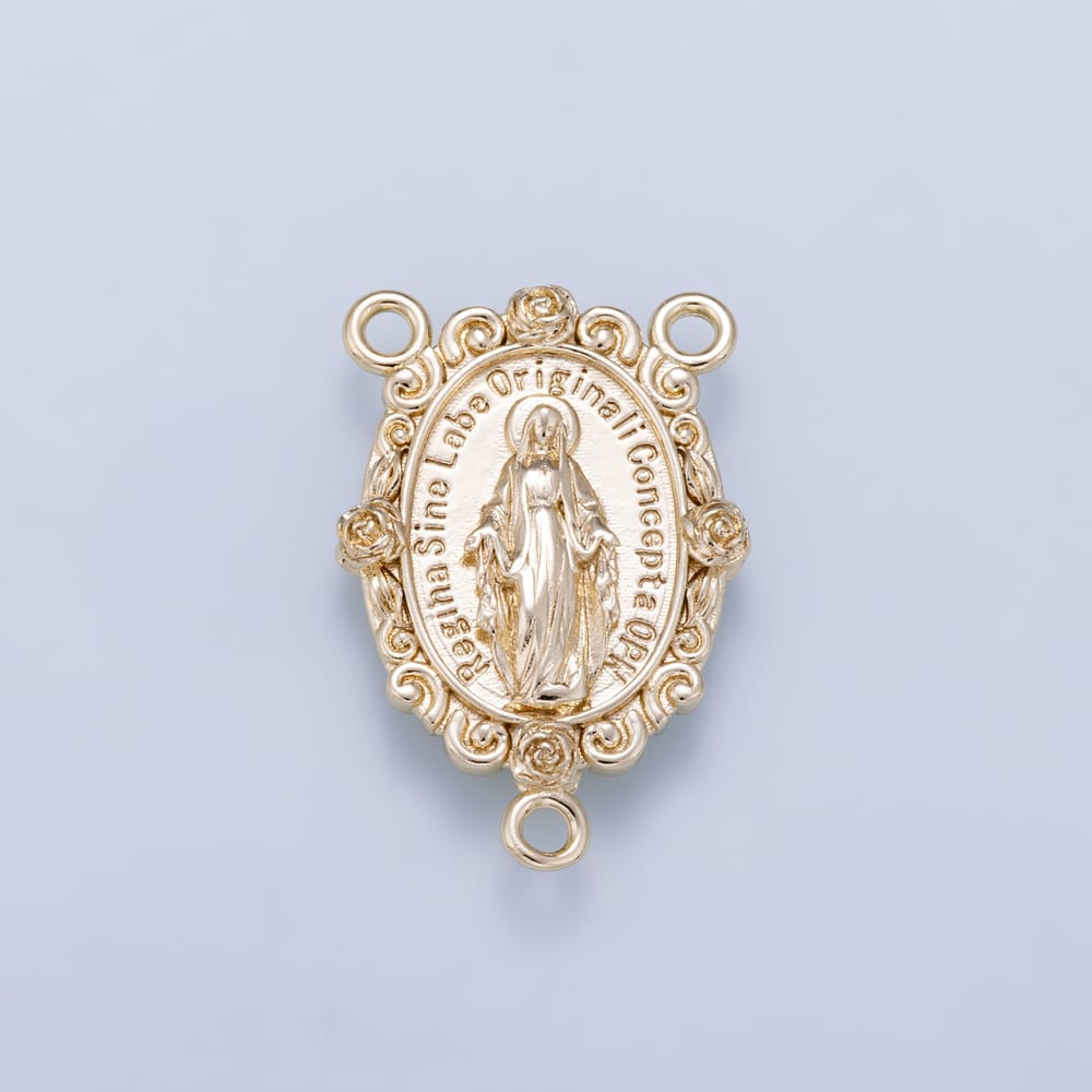 16K Gold Filled 25mm Miraculous Mary "Regina Sine Labe Originali Concepta OPN" Rose Bezel Religious Triple Connector | Findings-00157