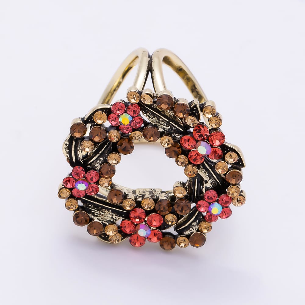 AUNTUMN FALL | Vintage Gold 28mm Red Rhinestone Leaf Flower Wreath Stopper Woggle Scarf Bandana Bead Bolo Slide | Findings-00180