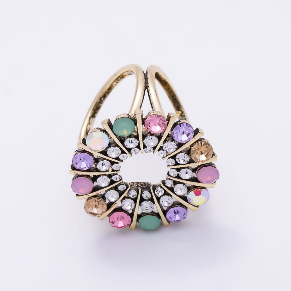 Vintage Gold 27mm Multicolor Rhinestone Round Stopper Buckle Scarf Slide | Findings-00181