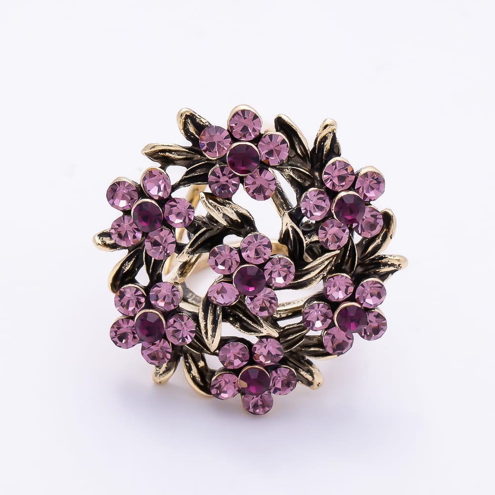 AUNTUMN FALL | Vintage Gold 37mm Purple Rhinestone Leaf Flower Wreath Stopper Woggle Scarf Bandana Bead Bolo Slide | Findings-00182