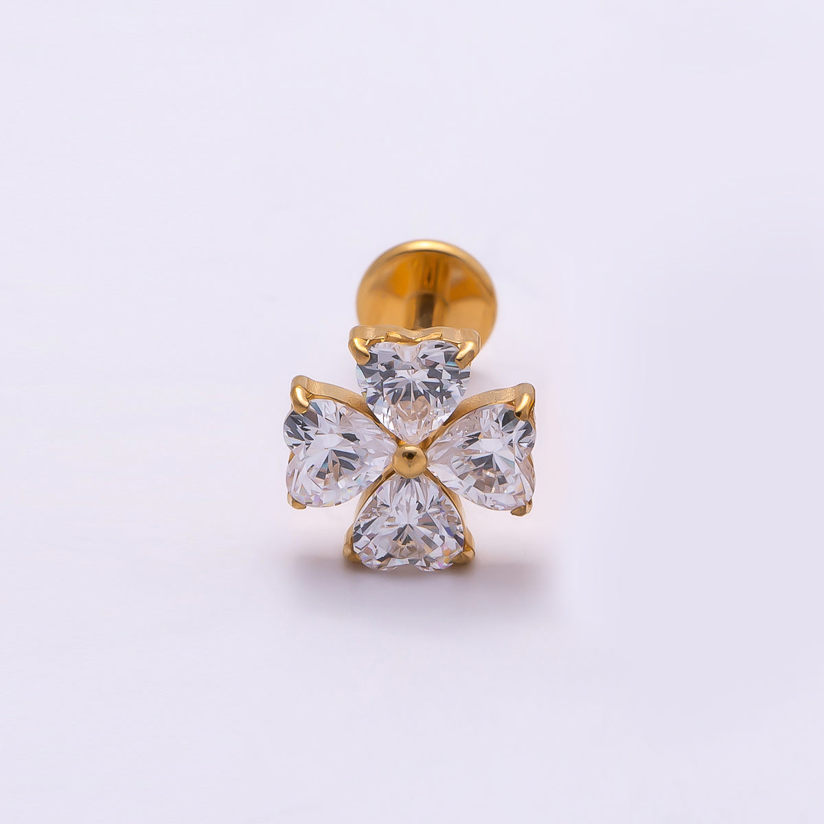 Stainless Steel 6.6mm Clear CZ Heart Clover Single Cartilage Piercing Flat Back Stud in Gold & Silver | Findings-00184 Findings-00185