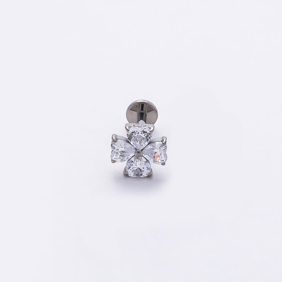 Stainless Steel 6.6mm Clear CZ Heart Clover Single Cartilage Piercing Flat Back Stud in Gold & Silver | Findings-00184 Findings-00185