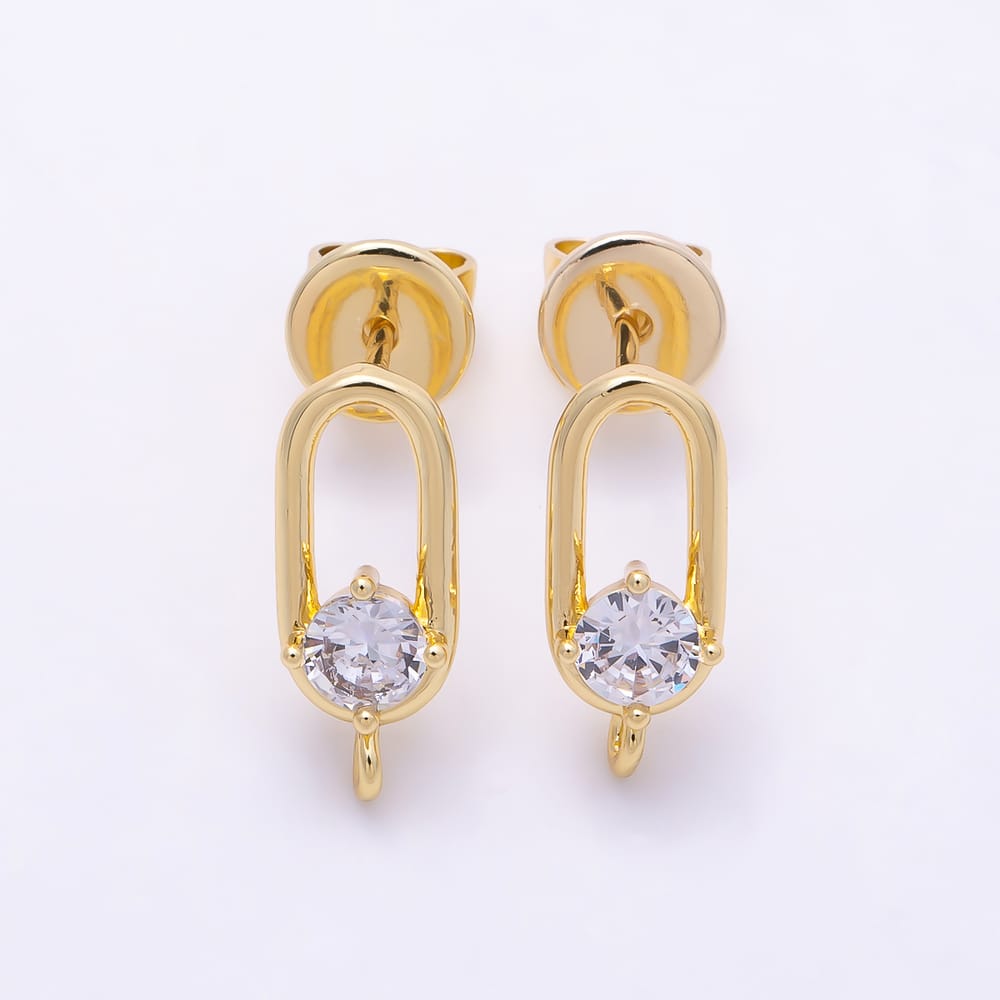 16K Gold Filled 14mm Clear CZ Round Paperclip Link Loop Drop Stud Earring Findings | Findings-00195
