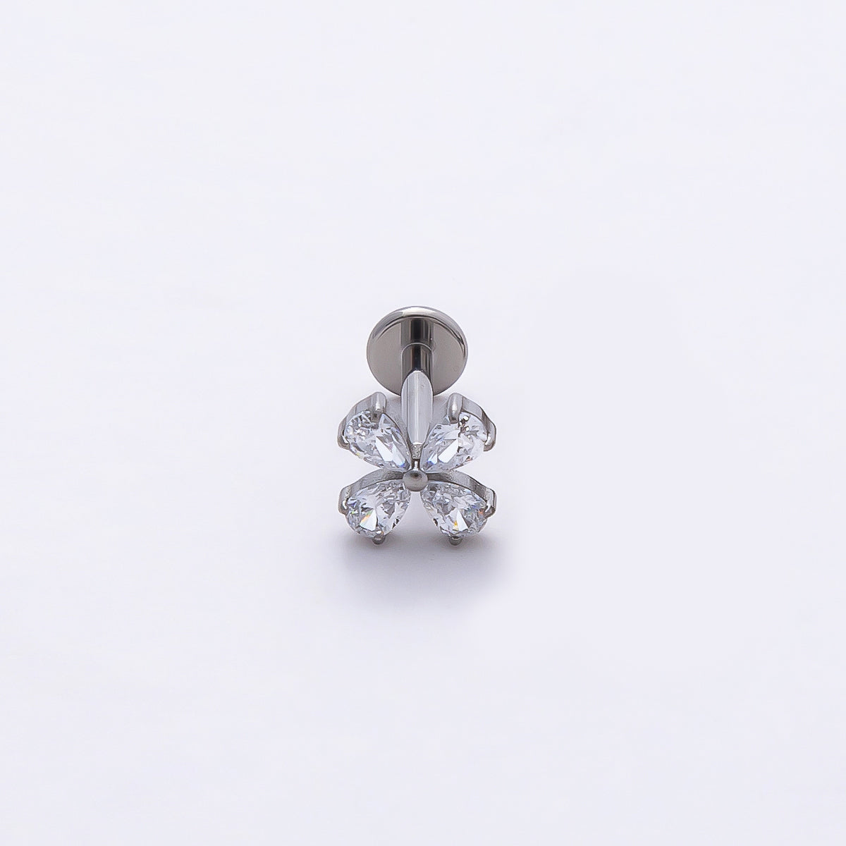 Stainless Steel 6mm Clear CZ Teardrop Flower Single Cartilage Piercing Flat Back Stud | Findings-00205