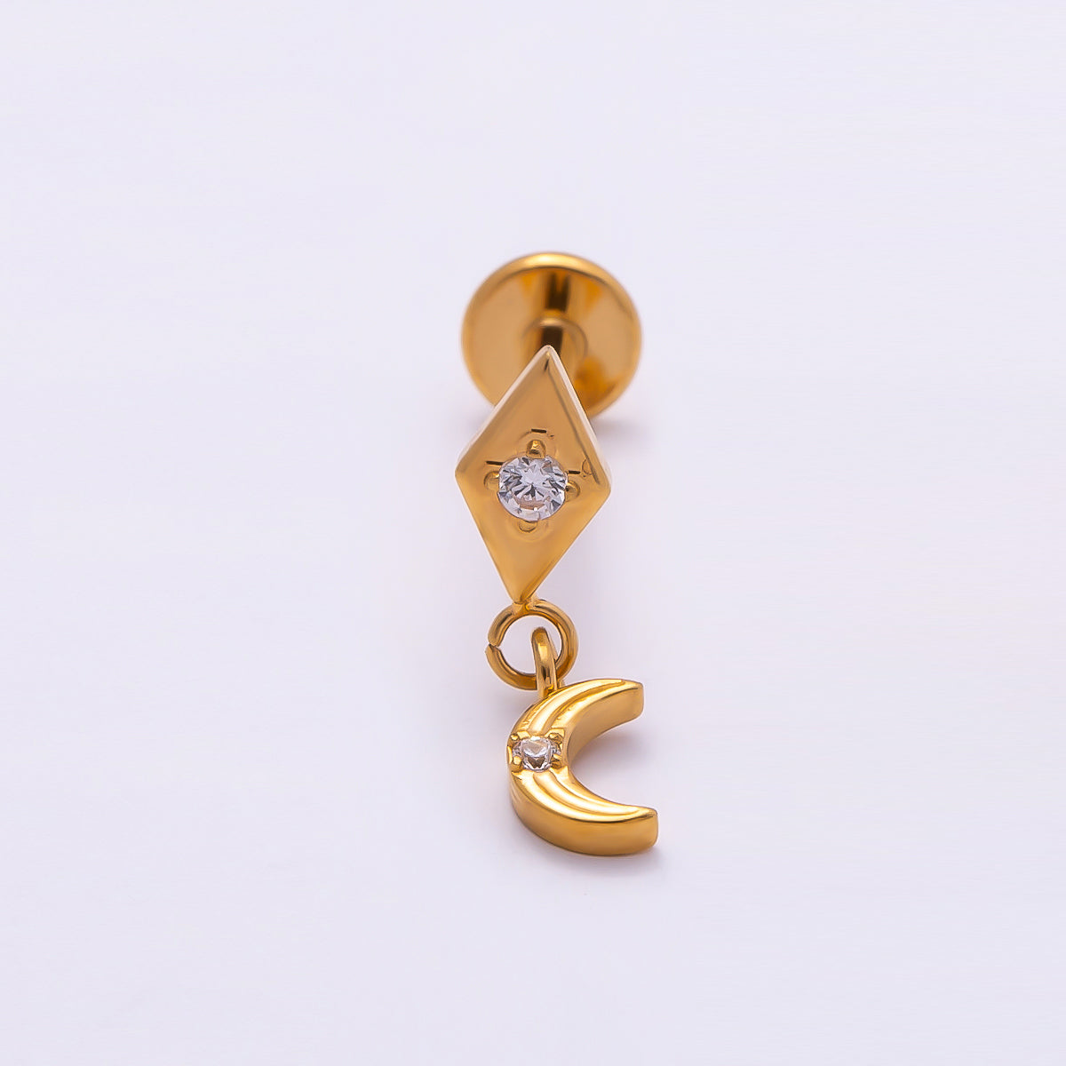 Stainless Steel 14mm CZ Crescent Moon Rhombus Drop Single Cartilage Piercing Flat Back Stud in Gold & Silver | Findings-00242 Findings-00243