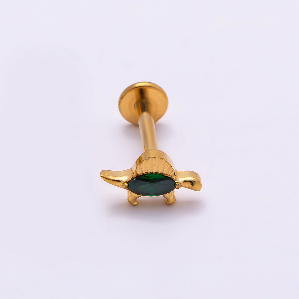 24K Gold Filled 7.5mm Green CZ Dinosaur Single Cartilage Piercing Flat Back Stud in Gold & Silver | Findings-00246 Findings-00247