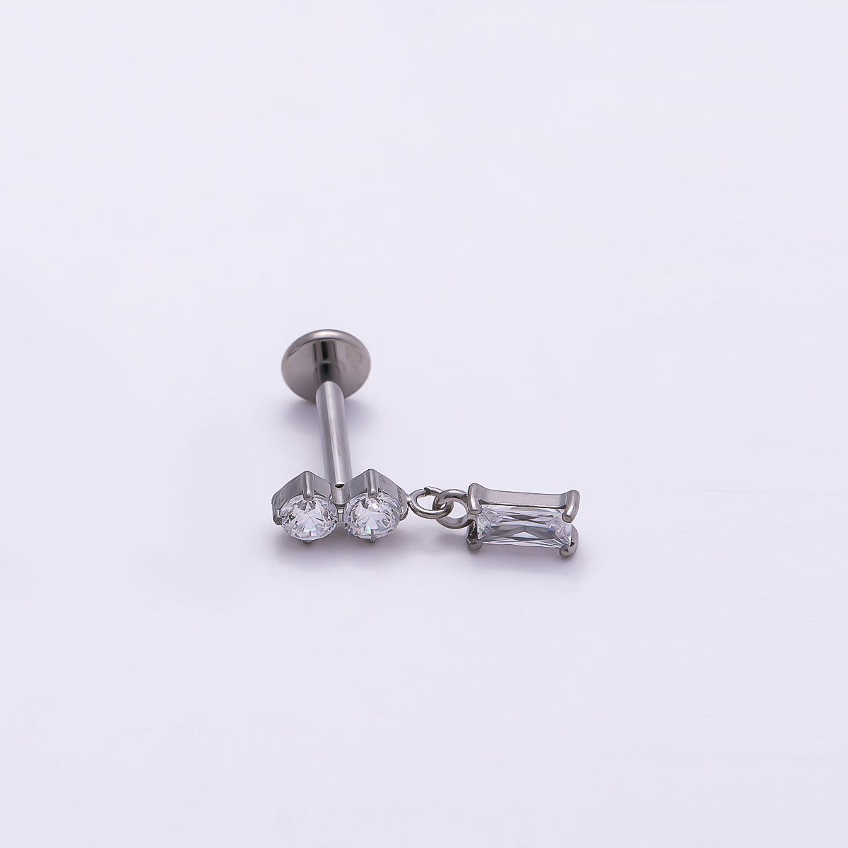 24K Gold Filled 14mm Clear CZ Round Baguette Drop Single Cartilage Piercing Flat Back Stud in Gold & Silver | Findings-00248 Findings-00249