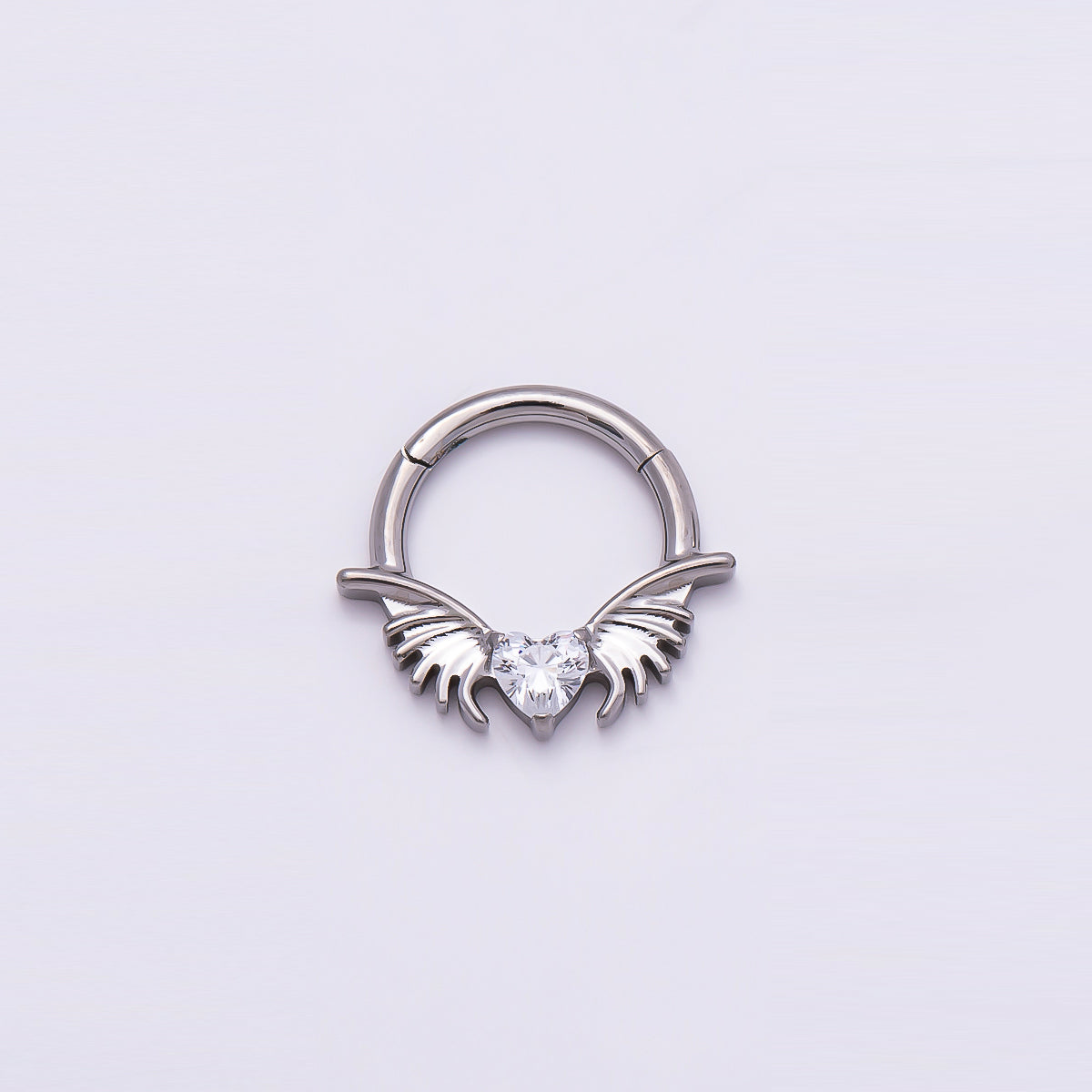 Titanium 12.5mm Clear CZ Heart Wings Single Septum Cartilage Piercing Clicker in Gold & Silver | Findings-00311 Findings-00312