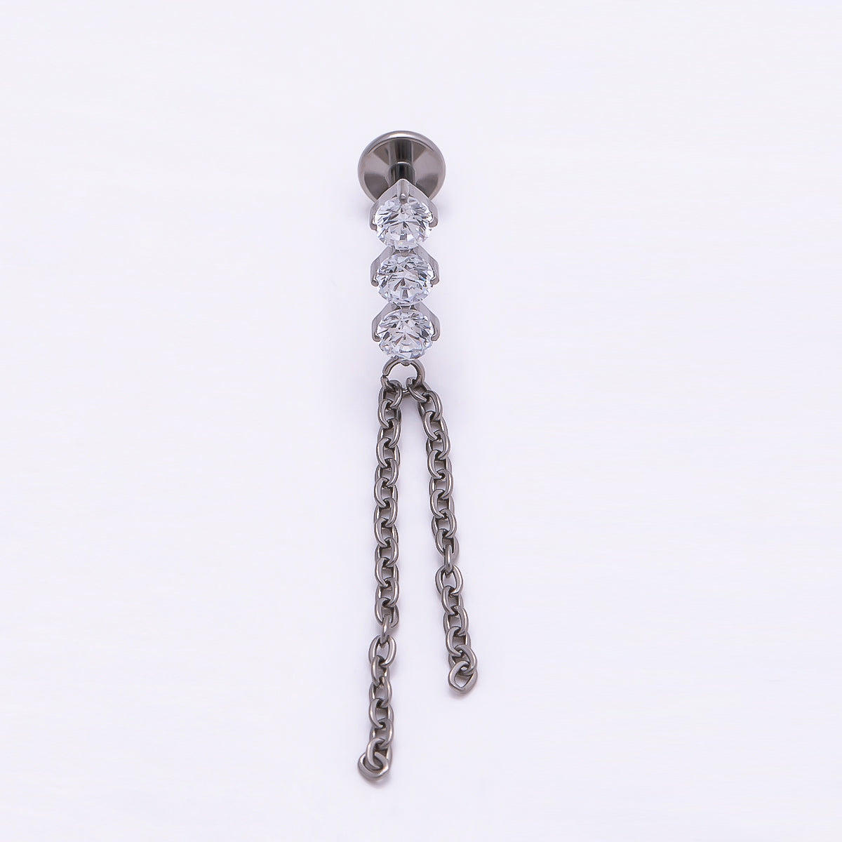 Titanium 31.5mm Triple CZ Chain Drop Cartilage Piercing Flat Back Stud | Findings-00328