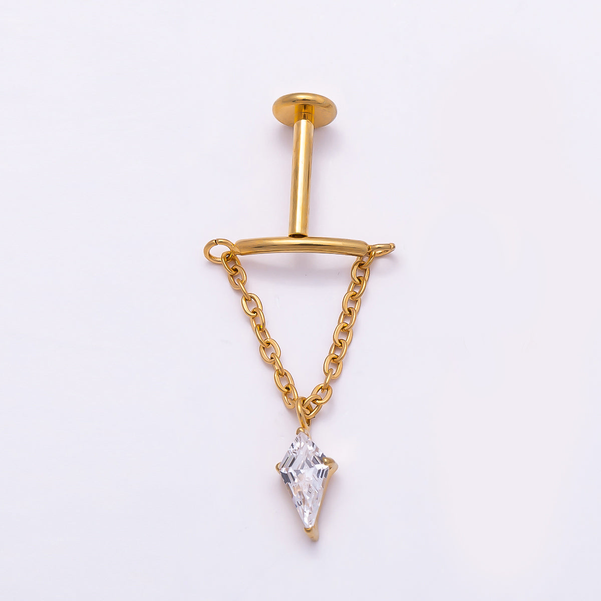 Titanium 20mm Clear CZ Kite Curved Chain Drop Cartilage Piercing Flat Back Stud in Gold & Silver | Findings-00329 Findings-00330