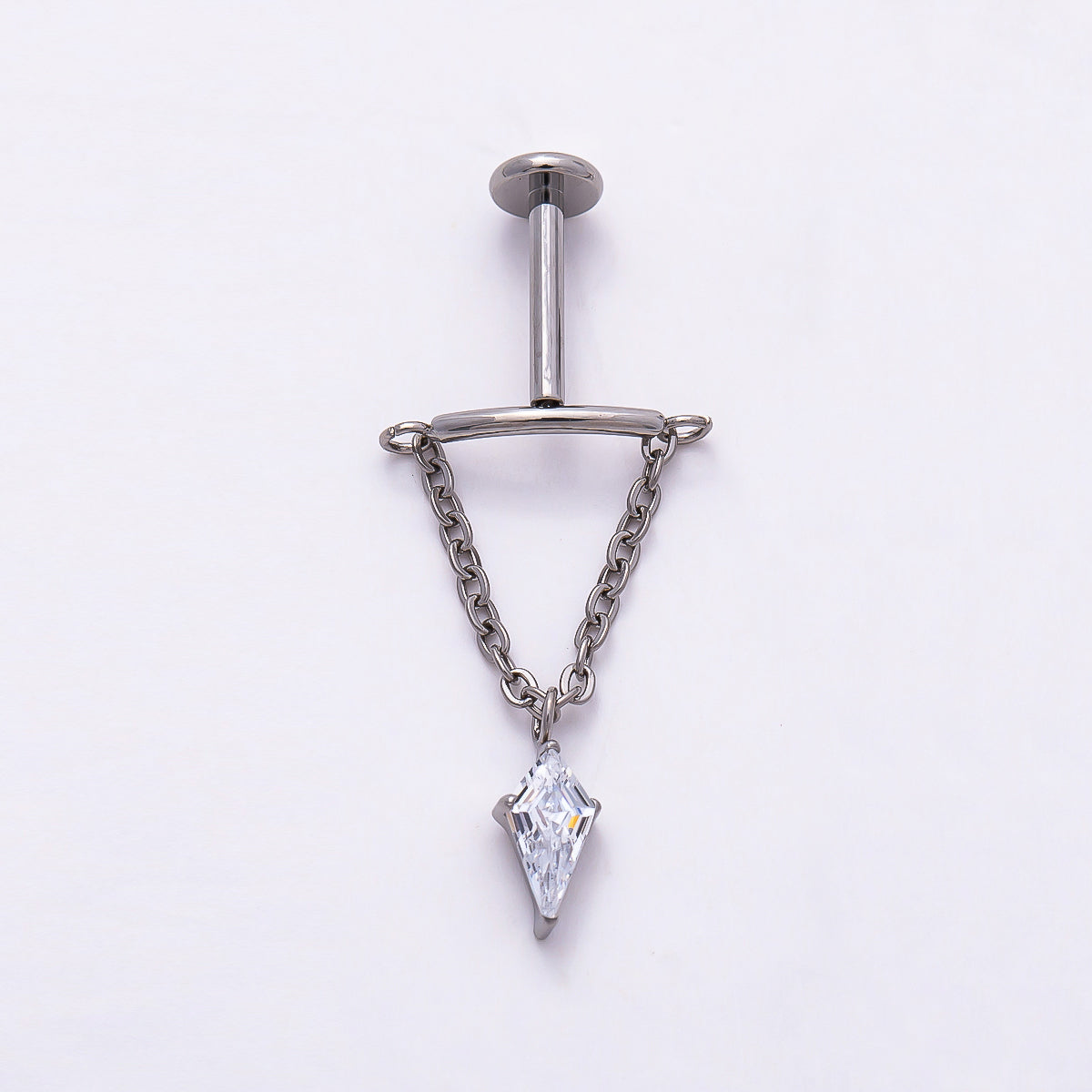 Titanium 20mm Clear CZ Kite Curved Chain Drop Cartilage Piercing Flat Back Stud in Gold & Silver | Findings-00329 Findings-00330
