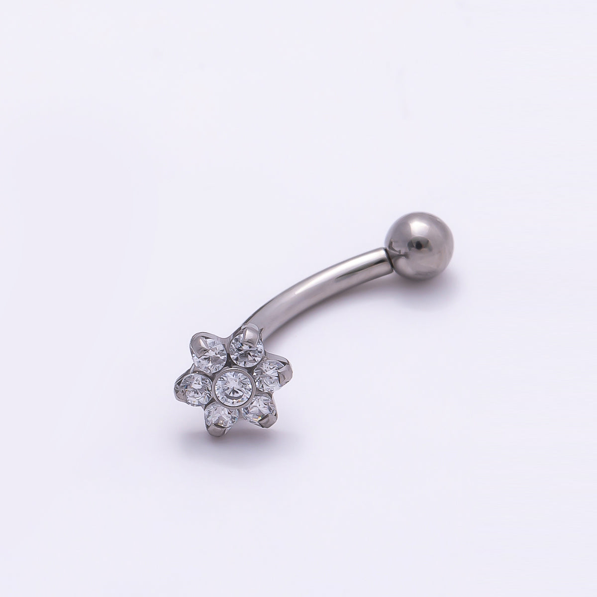 Titanium 5mm Flower Clear CZ Curved Eyebrow Barbell Piercing Stud in Gold & Silver | Findings-00341 Findings-00342