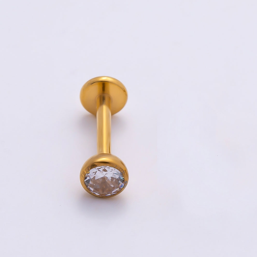 Gold Titanium 4mm Round CZ Bezel Cartilage Piercing Flat Back Stud | Findings-00404