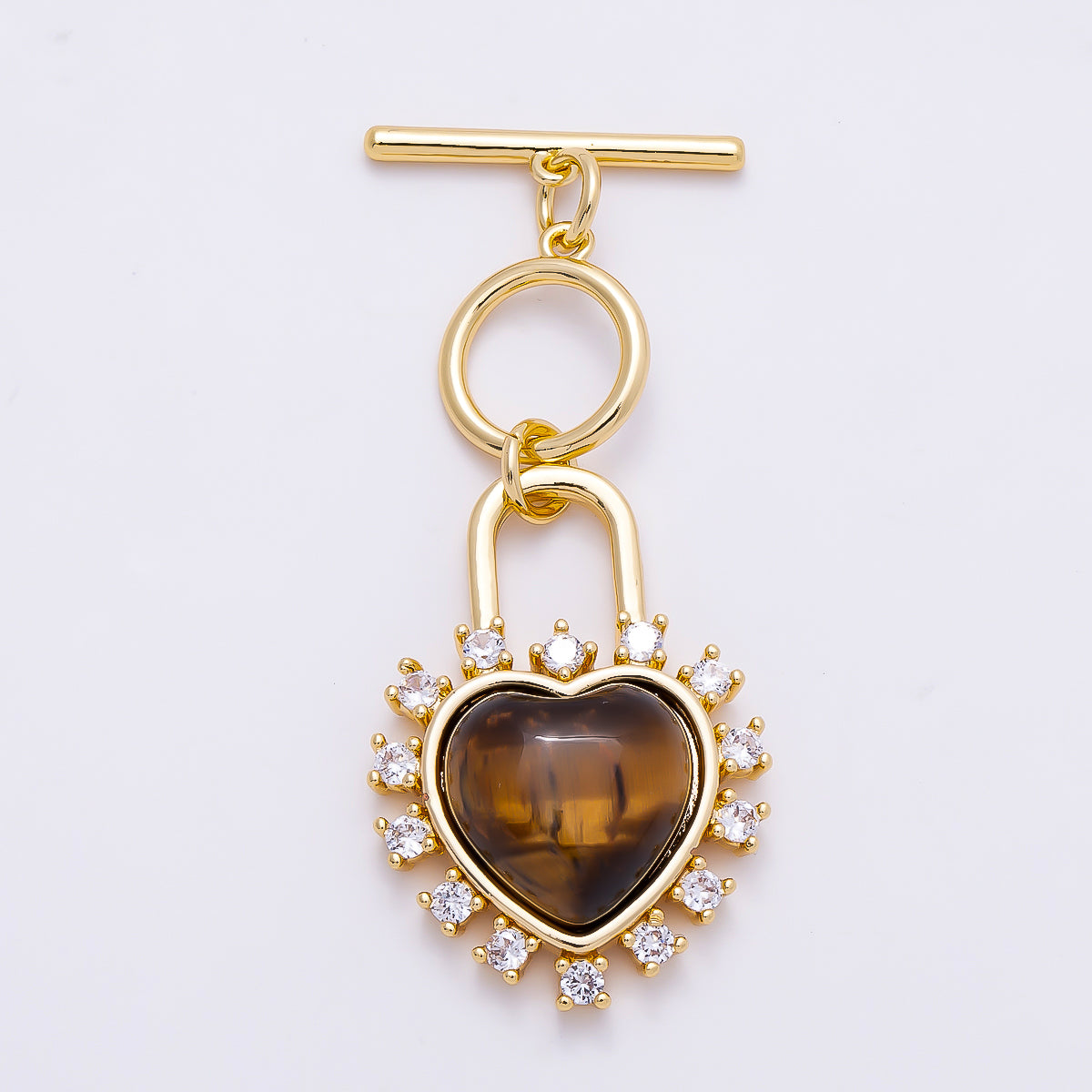 16K Gold Filled Cats Eye, Tiger Eye CZ Heart Padlock Toggle Clasps Closure | Findings-00415 Findings-00416