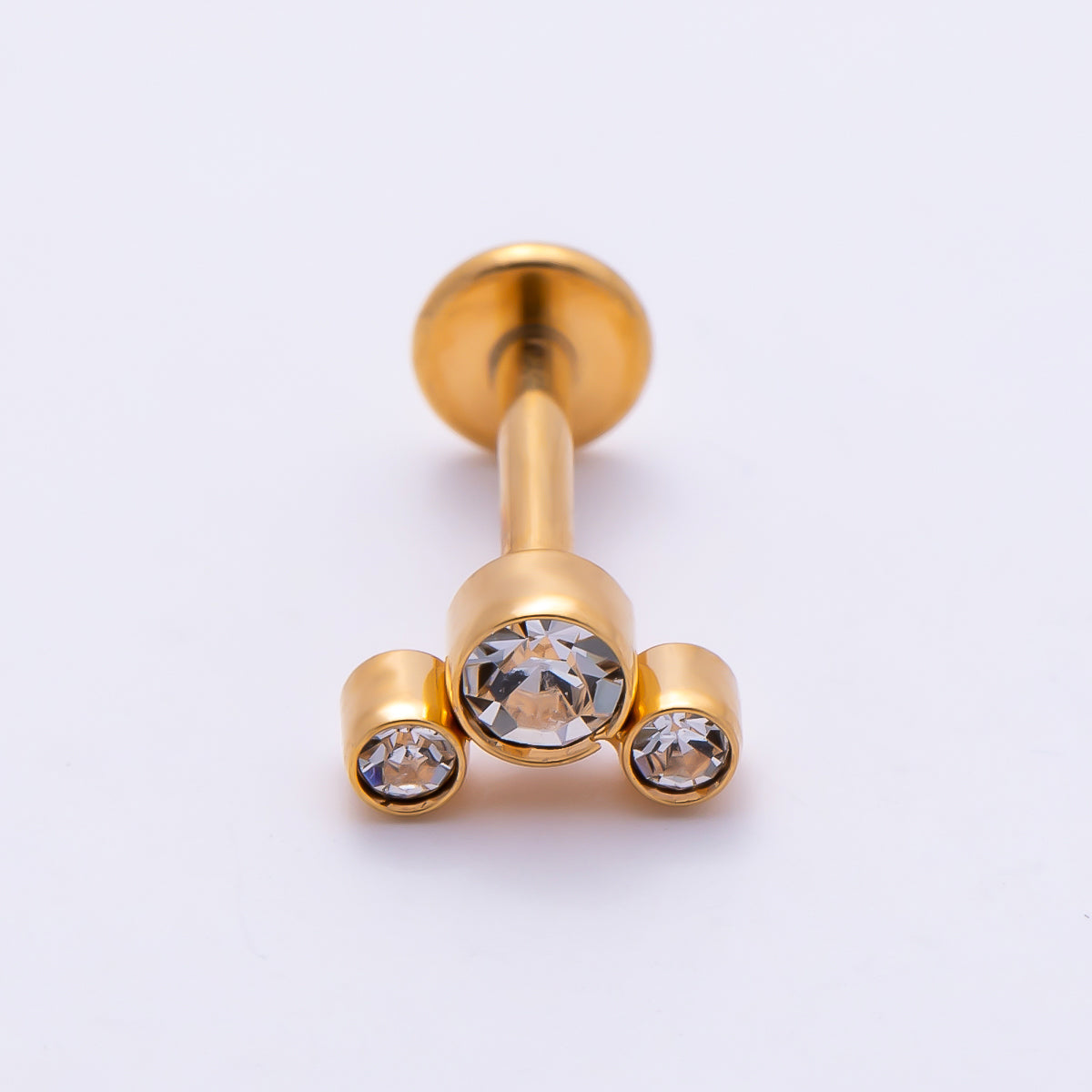 Titanium 11mm Triple Round CZ Bezel Cartilage Piercing Flat Back Stud in Gold & Silver | Findings-00433 Findings-00434