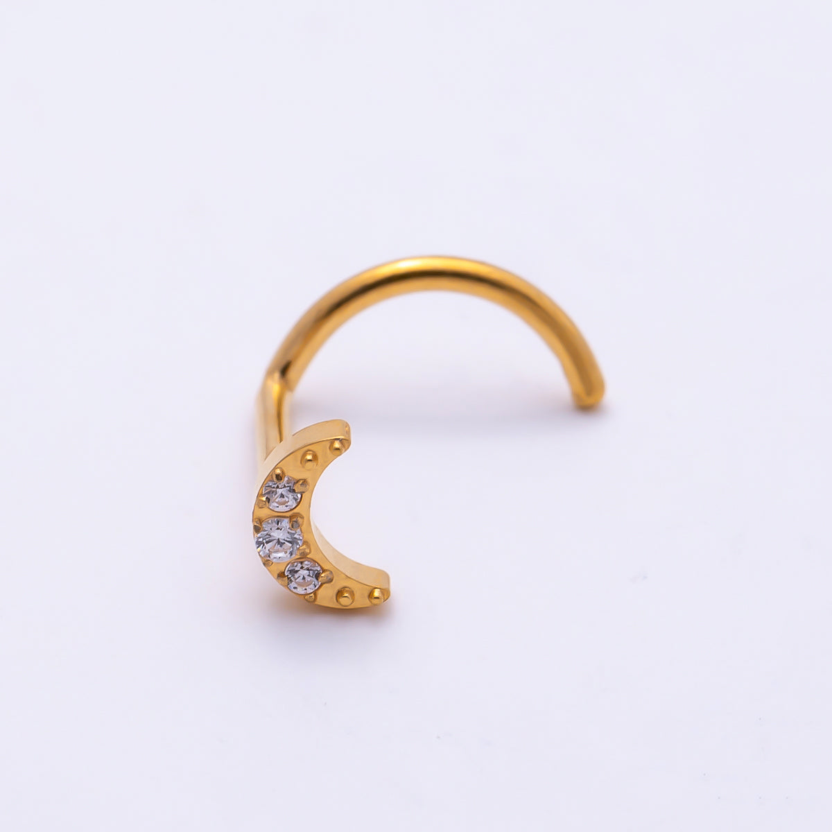 Titanium 4mm Crescent Moon Micro Paved CZ Cartilage Nose Single Piercing Stud in Gold & Silver | Findings-00444