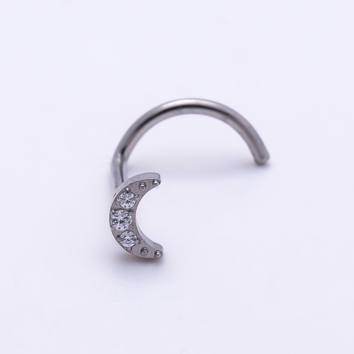 Titanium 4mm Crescent Moon Micro Paved CZ Cartilage Nose Single Piercing Stud in Gold & Silver | Findings-00444