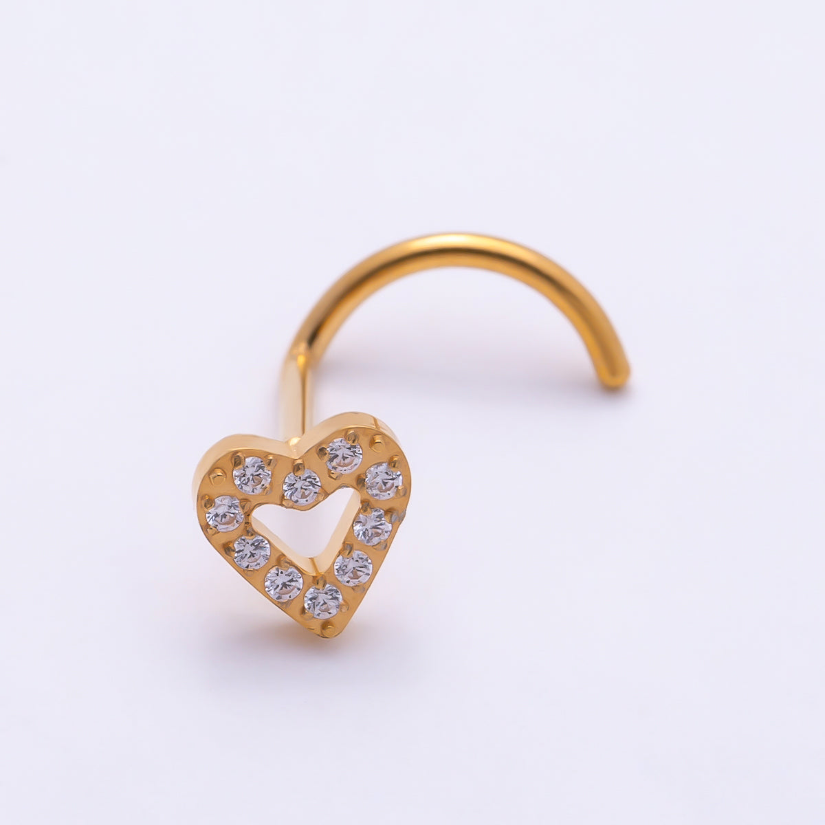 Titanium 4.5mm Open Heart Micro Paved CZ Cartilage Nose Single Piercing Stud in Gold & Silver | Findings-00446