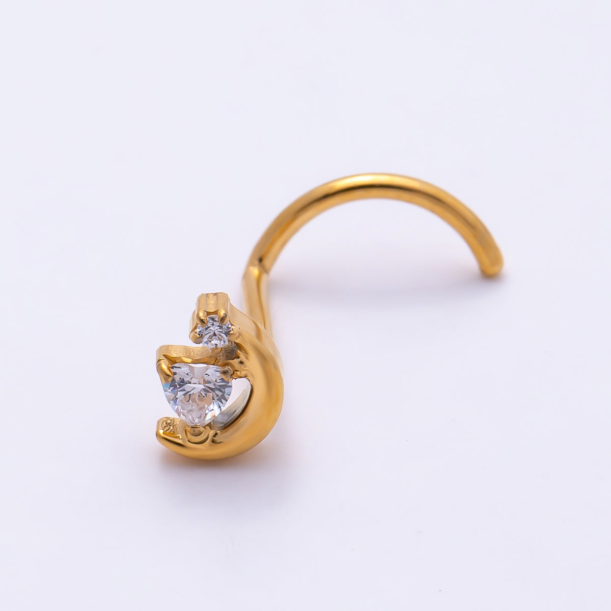 Titanium 8.8mm CZ Heart Celestial Crescent Moon Cartilage Nose Single Piercing Stud in Gold & Silver | Findings-00452 Findings-00453