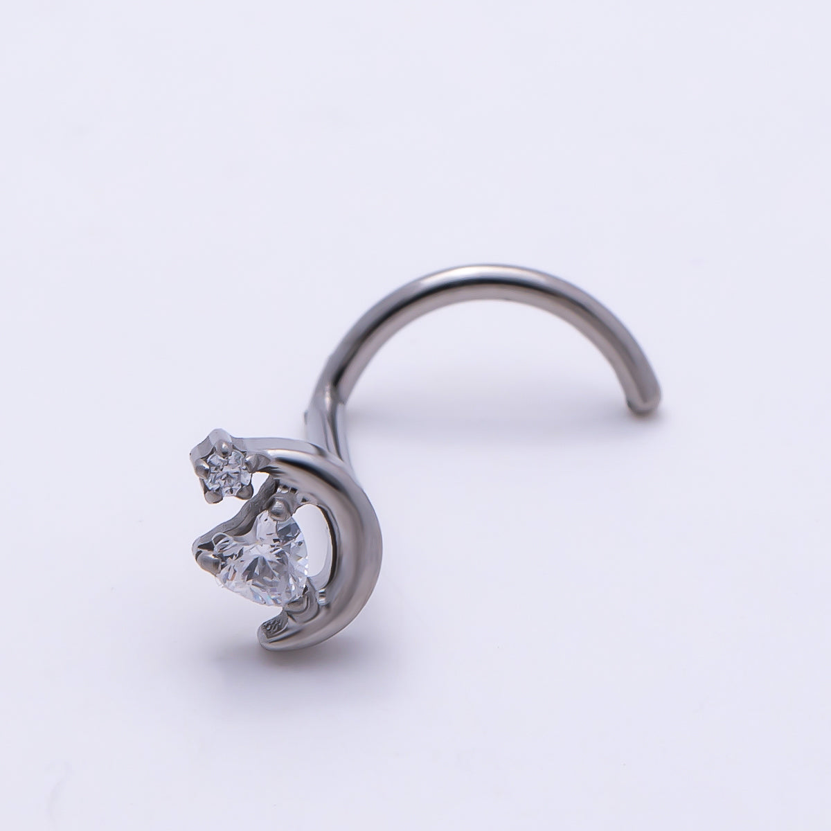 Titanium 8.8mm CZ Heart Celestial Crescent Moon Cartilage Nose Single Piercing Stud in Gold & Silver | Findings-00452 Findings-00453