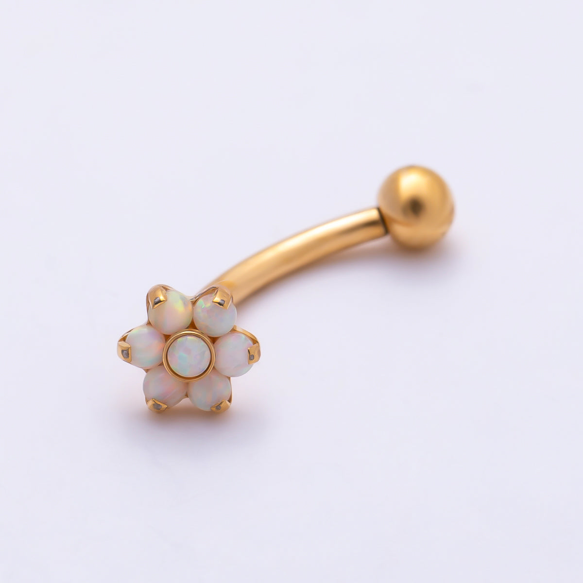 Titanium White Opal Flower Curved Eyebrow Barbell Piercing Stud in Gold & Silver | Findings-00458