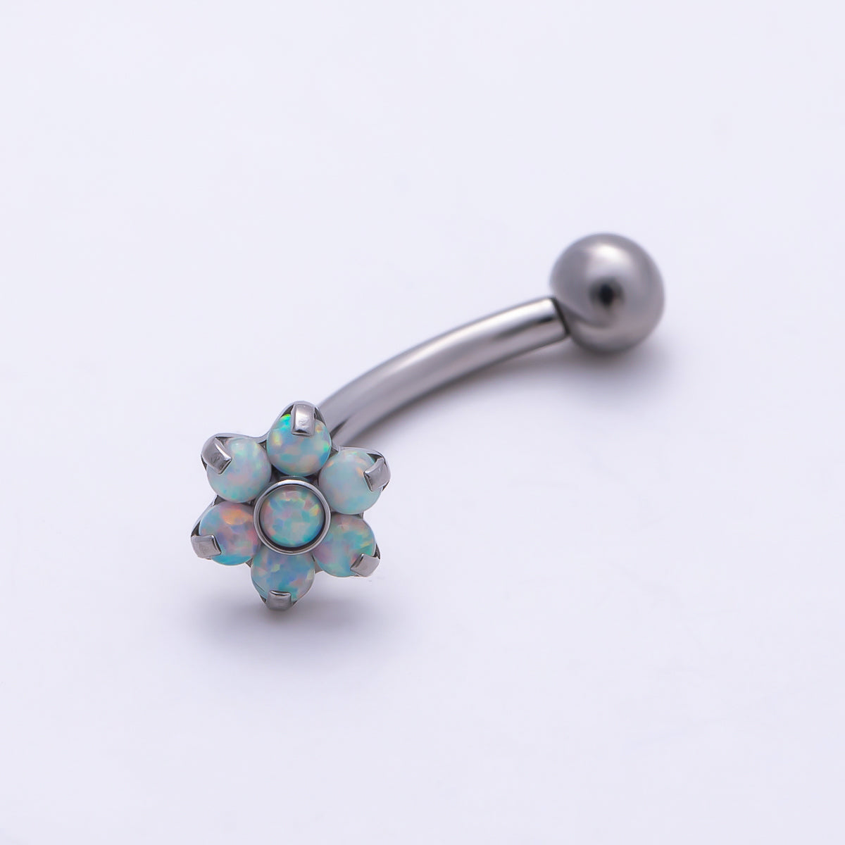 Titanium White Opal Flower Curved Eyebrow Barbell Piercing Stud in Gold & Silver | Findings-00458