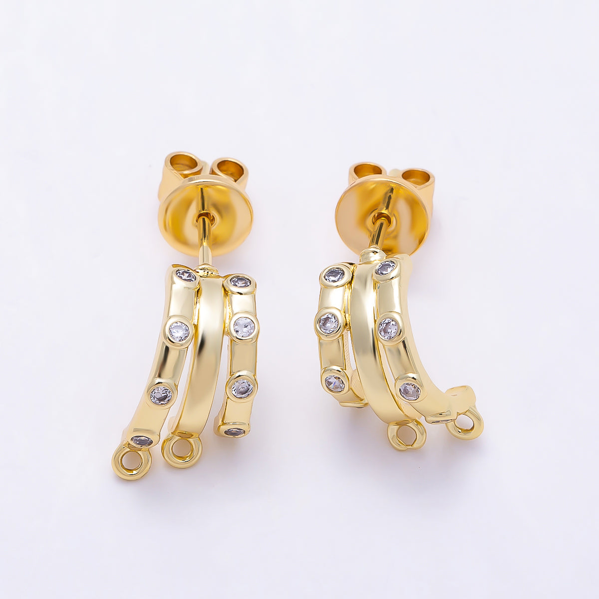 16K Gold Filled 19mm Clear CZ Dotted Triple Claw Drop C-Shaped Hoop Earring Findings in Gold & Silver| Findings-00491 Findings-00492
