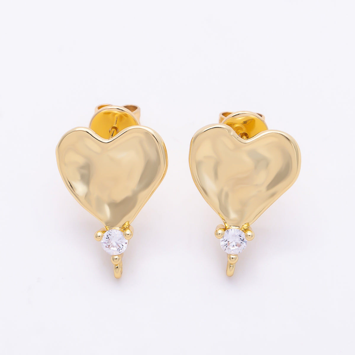 16K Gold Filled 18mm Clear CZ Hammered Heart Drop Stud Earring Findings | Findings-00509