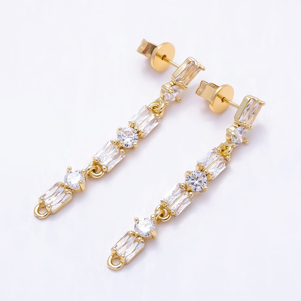 16K Gold Filled 44mm Long Linear Baguette & Round CZ Drop Stud Earring | Findings-00548