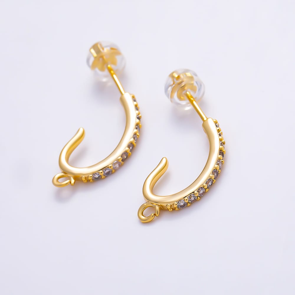 16K Gold Filled 19mm Micro Paved CZ Curved J-Hook Earring | Findings-00583