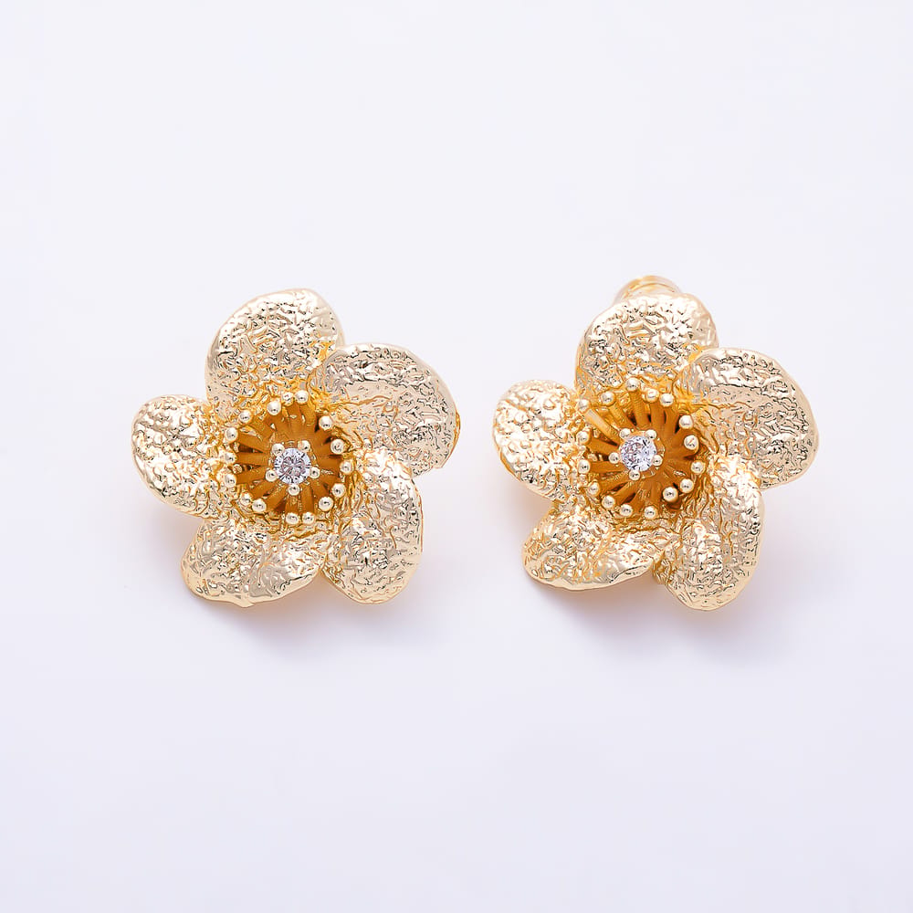 16K Gold Filled 23mm Clear CZ Textured 5-Petal Flower Blossom Stud Earring Findings | Findings-00586