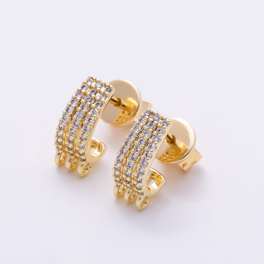 16K Gold Filled 13mm Triple Row Micro Paved Clear CZ Half Hoop Earring | Findings-00595