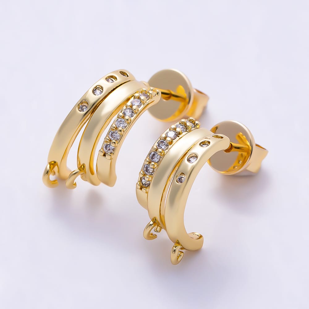 16K Gold Filled 18mm Micro Paved CZ Dotted Open Loop Triple Drop C-Shaped Earring Findings in Gold & Silver | Findings-00596 Findings-00597
