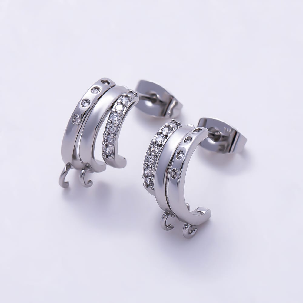 16K Gold Filled 18mm Micro Paved CZ Dotted Open Loop Triple Drop C-Shaped Earring Findings in Gold & Silver | Findings-00596 Findings-00597